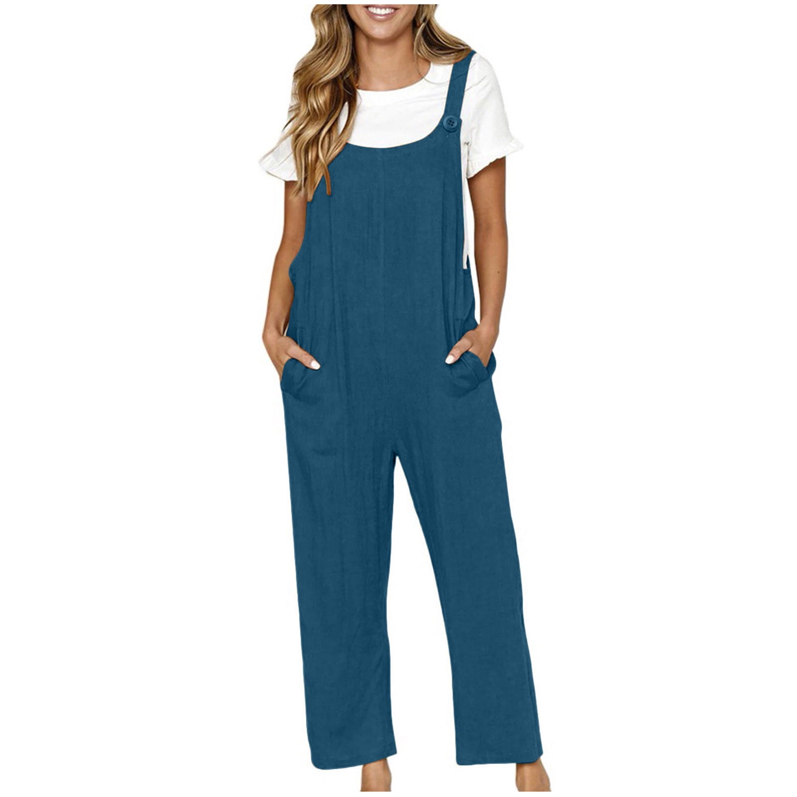 Womens Ski Bibs, Linen Jumpsuits For Women Casual Summer Solid Color  Overalls Loose Fit Wide Leg Rompers Baggy Jumpsuit With Pockets Plus Size  Boho 