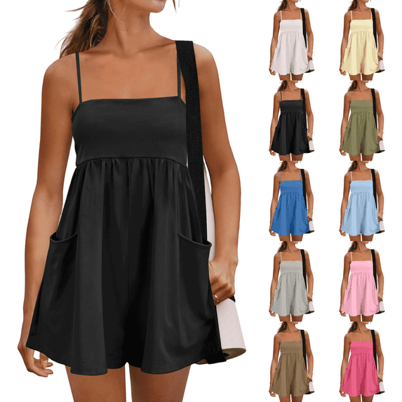 Summer Rompers Womens Beach Vacation Clothes Adjustable Strap Spaghetti Strap Short Jumpsuits Square Neck Dress with Pockets Black L