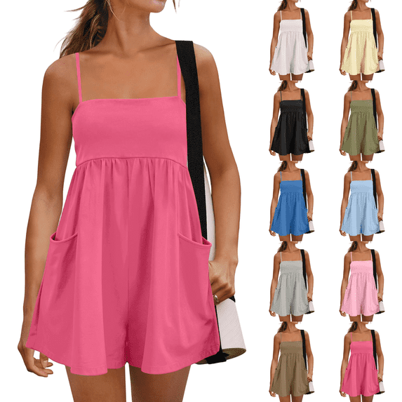 Summer Rompers Womens Beach Vacation Clothes Adjustable Strap Spaghetti Strap Short Jumpsuits Square Neck Dress with Pockets Hot Pink S