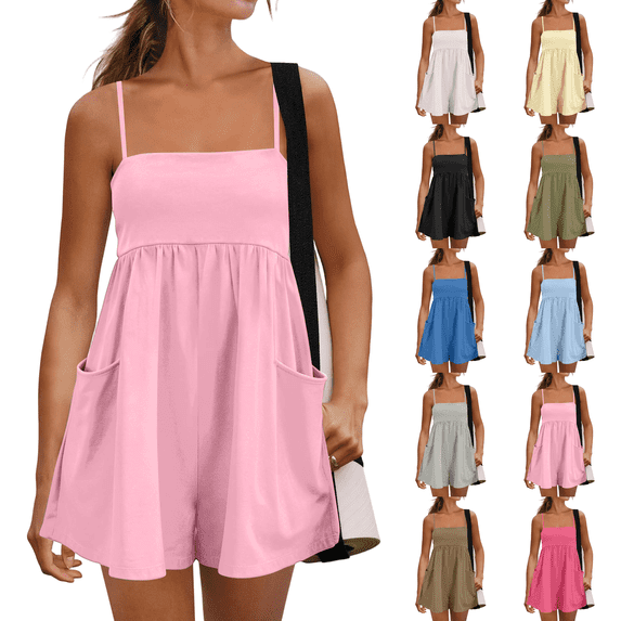 Summer Rompers Womens Beach Vacation Clothes Adjustable Strap Spaghetti Strap Short Jumpsuits Square Neck Dress with Pockets Pink L