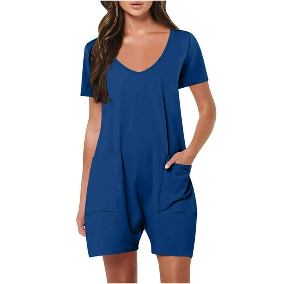 Summer Rompers Womens Short Sleeve V Neck Jumpsuit Shorts Loose Casual Romper with Pockets, M Blue|Short-sleeved