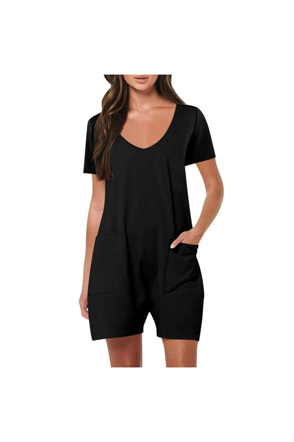 Summer Rompers Womens Short Sleeve V Neck Jumpsuit Shorts Loose Casual Romper with Pockets, S Black|Short-sleeved