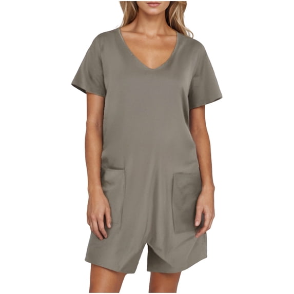Summer Rompers Womens Short Sleeve V Neck Jumpsuit Shorts Loose Casual Romper with Pockets, S Gray|Short-sleeved