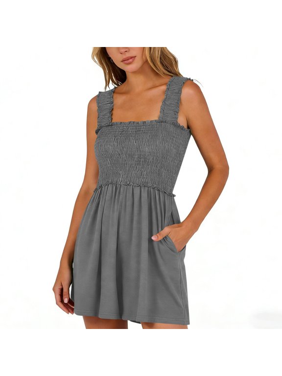 Summer Rompers for Women 1 Piece Casual Comfy Summer Outfits Smocked Wide Strap Sleeveless Shorts Jumpsuits