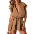 thumbnail image 1 of Summer Rompers for Women 2026 V Neck Short Sleeve Button Up Ruffle Jumpsuit Outfit with Pockets Khaki XL, 1 of 9