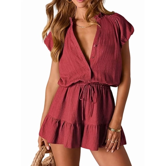 Summer Rompers for Women 2026 V Neck Short Sleeve Button Up Ruffle Jumpsuit Outfit with Pockets Red L