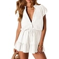 thumbnail image 1 of Summer Rompers for Women 2026 V Neck Short Sleeve Button Up Ruffle Jumpsuit Outfit with Pockets White S, 1 of 9
