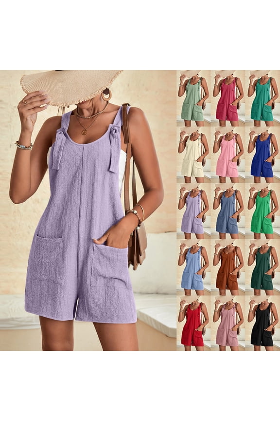 Summer Rompers for Women Adjustable Tie Strap Sleeveless Wide Leg One Piece Short Rompers with Pockets, L