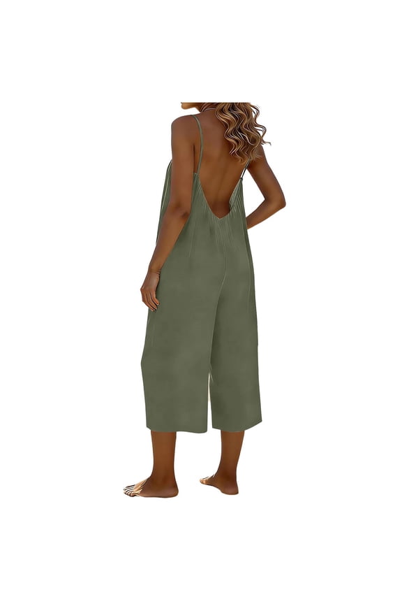 Summer Rompers for Women Plus Size Backless Capris Wide Leg Jumpsuit Solid Color Adjustable Spaghetti Strap Overalls with Pockets