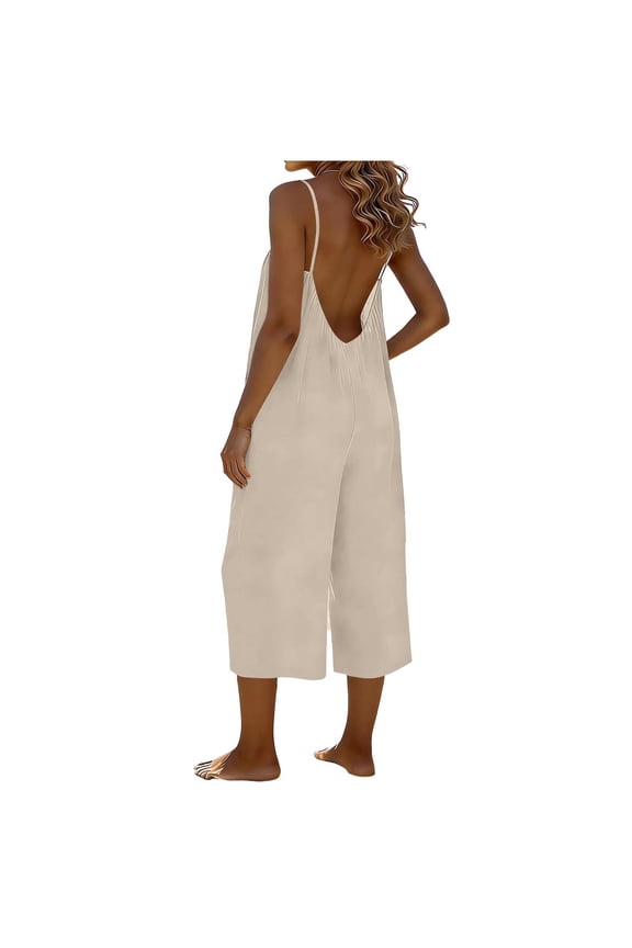 Summer Rompers for Women Plus Size Backless Capris Wide Leg Jumpsuit Solid Color Adjustable Spaghetti Strap Overalls with Pockets