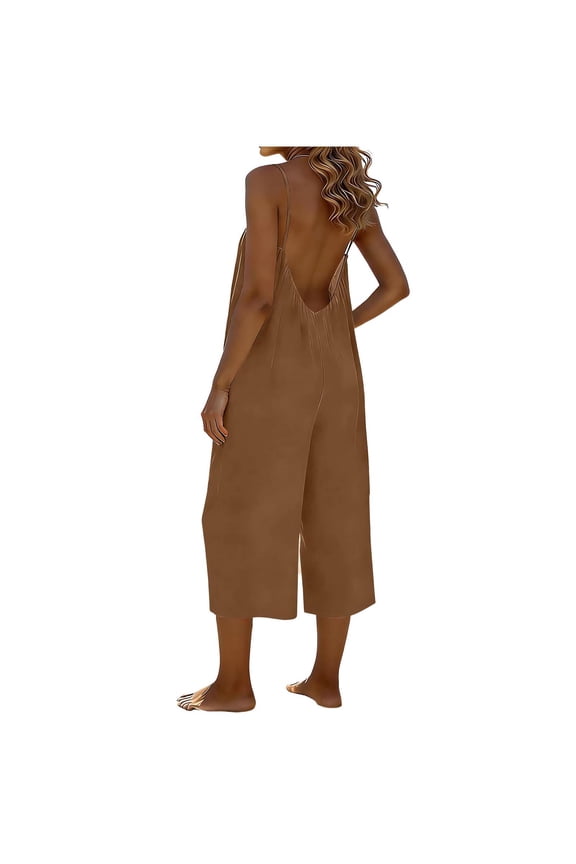 Summer Rompers for Women Plus Size Backless Capris Wide Leg Jumpsuit Solid Color Adjustable Spaghetti Strap Overalls with Pockets