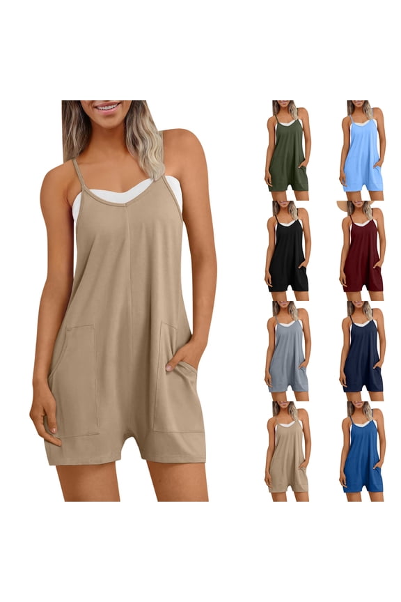 Summer Rompers for Women Spaghetti Strap Shorts Casual Sleeveless Vacation Shorts Rompers with Pockets, S