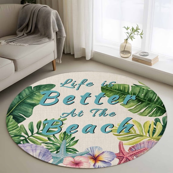 Summer Round Area Rugs 3 ft, Life Is Better At The Beach Linen Texture Washable Small Area Rug with Non-Slip Sturdy Edge Binding Round Front Door Mat Floor Carpet for Entryway