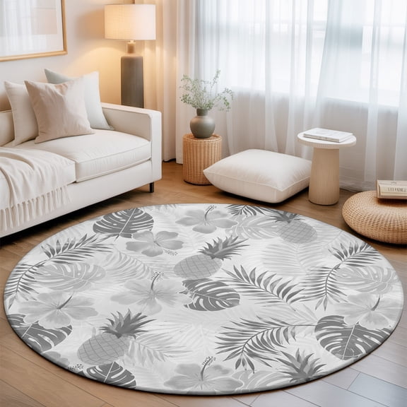 Summer Round Area Rugs 3 ft, Tropical Pineapple Hibiscus Palm Leaf Gray Washable Small Area Rug with Non-Slip Sturdy Edge Binding Round Front Door Mat Floor Carpet for Entryway