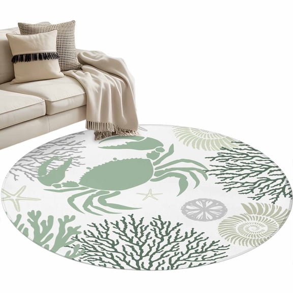 Summer Round Area Rug 4ft Sage Green Crab Coral Seashell Nautical Coastal Ocean Non-Slip Washable Circle Rugs Soft Felt Indoor Floor Mat for Bedroom Kitchen Living Room Bathroom