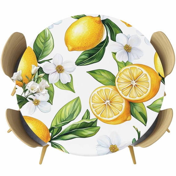 Summer Round Fitted Table Cover Lemon Jasmine Floral Leaves Watercolor Fruit Waterproof Table Cloth with Elastic Edge Wipeable Tablecloth for Picnic Camping Party Fits 36"-44" Diameter