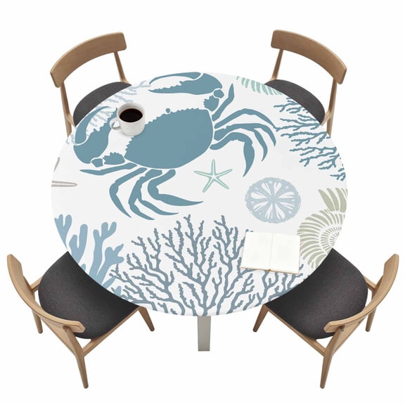 Summer Round Fitted Tablecloth with Elastic Edge Teal Green Crab Coral Seashell Nautical Coastal Ocean Table Cover Fit for 36"-44" Tables Waterproof Tablecloths for Dinner Camping Picnic