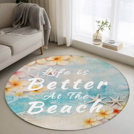Summer Round Living Room Rugs 4 ft, Life Is Better At The Beach Yellow Flowers Washable Area Rug with Non-Slip Sturdy Edge Binding Round Carpet for Entryway Kitchen Bedroom Bathroom