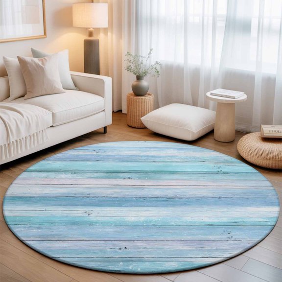 Summer Round Living Room Rugs 5 ft, Gradient Blue Wood Grain Rustic Farmhouse Modern Washable Area Rug with Non-Slip Sturdy Edge Binding Round Carpet for Entryway Kitchen Bedroom Bathroom