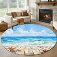 thumbnail image 1 of Summer Round Living Room Rugs 8 ft, Blue Beach Ocean Starfish Plank Shell Washable Large Area Rug with Non-Slip Sturdy Edge Binding Round Carpet for Dining Room Kitchen Office, 1 of 9