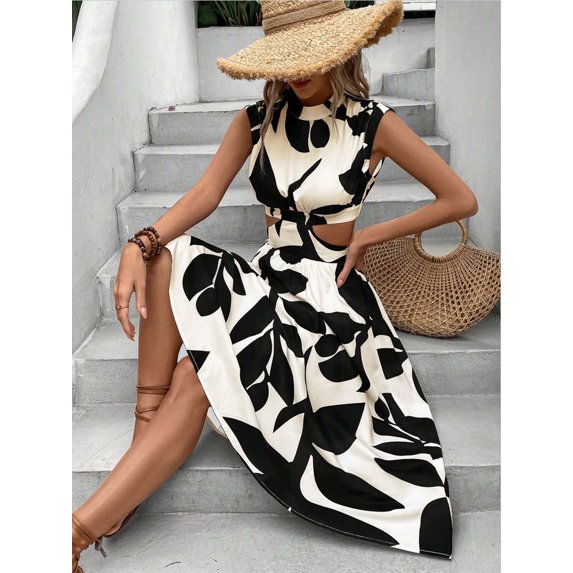 Summer Round Neck Floral Print Backless Long Dress for Women