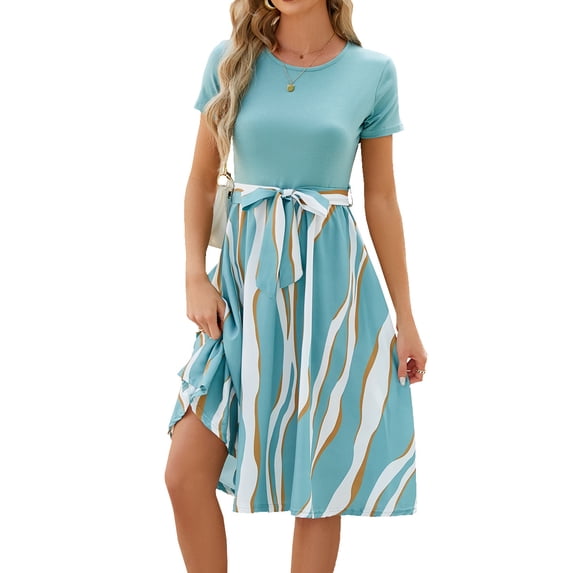 Summer Round Neck Printed Strappy Short-sleeved Casual Dress