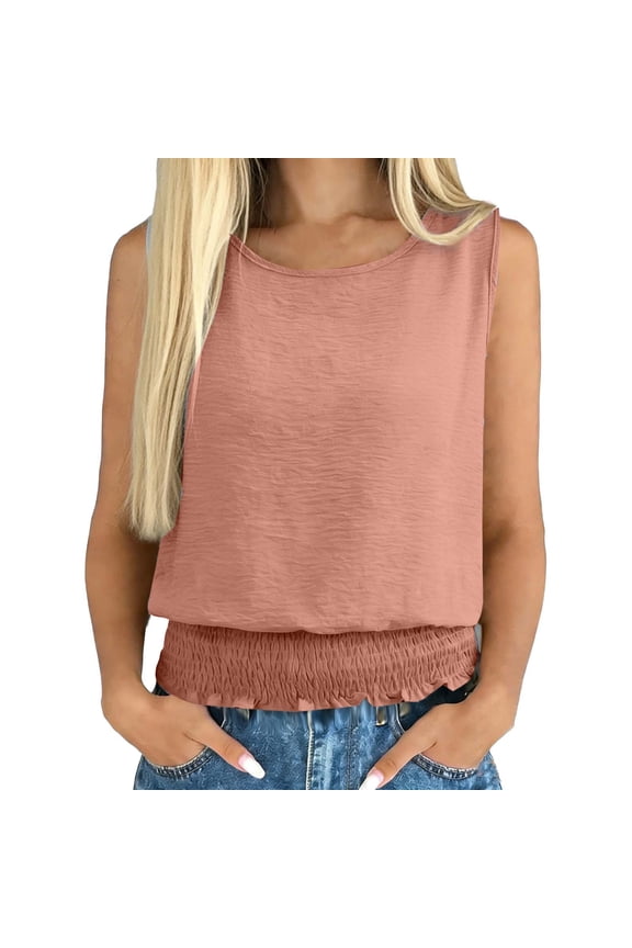 Summer Round Neck Tank Tops for Women Sleeveless Casual Boho Cami Loose Fitting Smocked Bottom Blouse Shirts Orange XXL