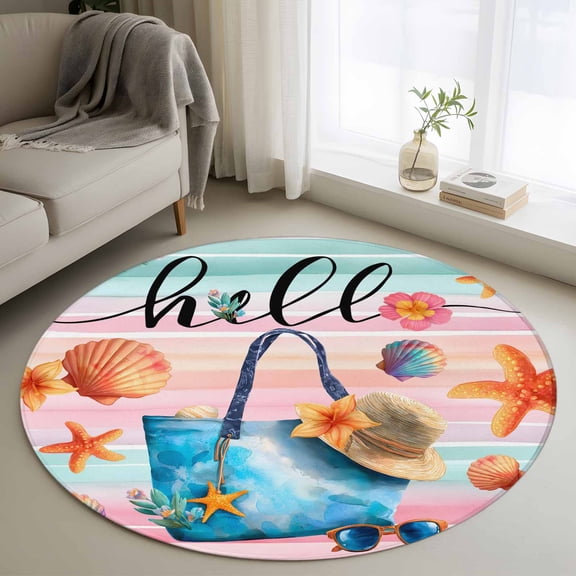 Summer Round Rug 4Ft Beach Bag Seashell Starfish Sunglasses Colorful Strip Circle Area Rugs Washable Non Slip Indoor Floor Mats Carpet for Living Room Bedroom Dining Room Home Decor