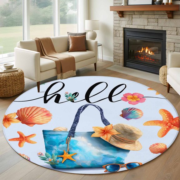 Summer Round Rug 6Ft Beach Bag Seashell Starfish Sunglasses Blue Circle Area Rugs Washable Non Slip Indoor Floor Mats Carpet for Living Room Bedroom Dining Room Home Decor