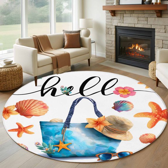 Summer Round Rug 6Ft Watercolor Beach Bag Seashell Starfish Sunglasses Circle Area Rugs Washable Non Slip Indoor Floor Mats Carpet for Living Room Bedroom Dining Room Home Decor