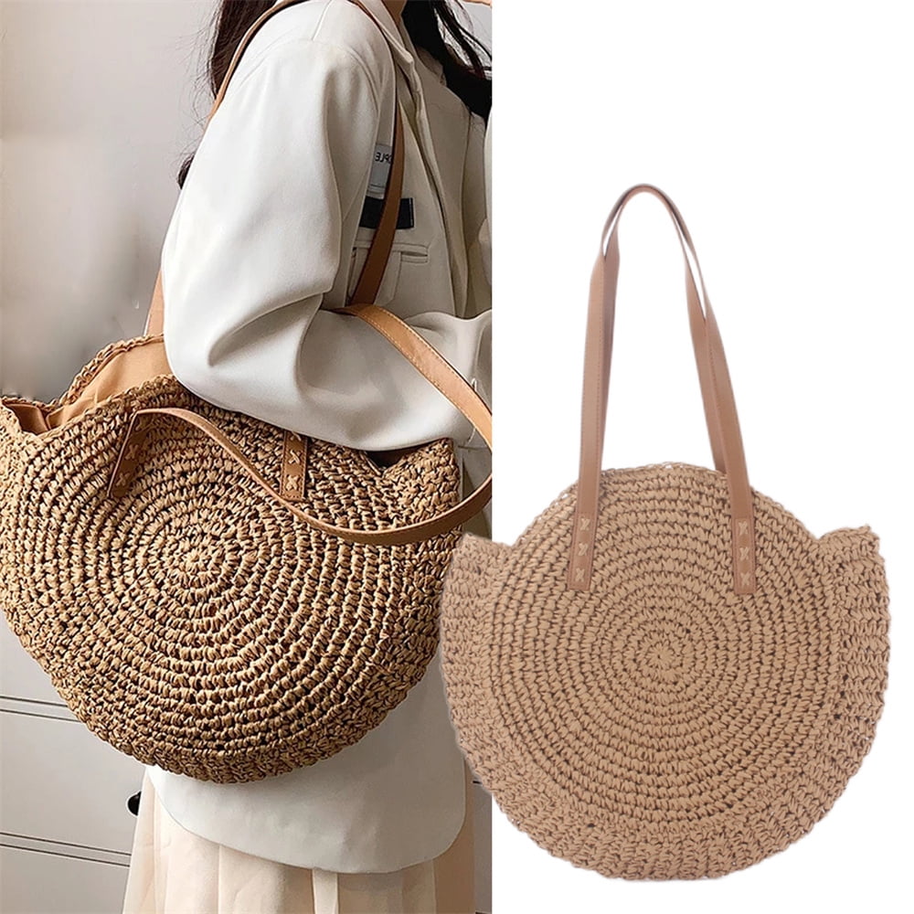 Laidan Summer Round Straw Shoulder Bag Women Large Capacity Handbag Handmade Weaven Beach Bags Fashion Rattan Handle Bag Vacation Tote-C, Women's