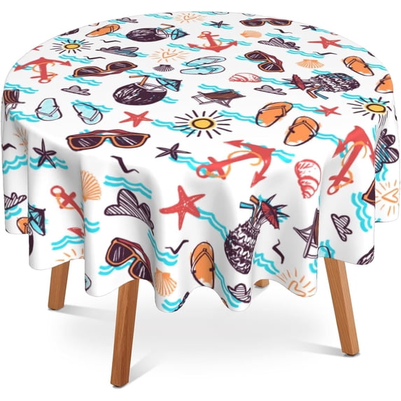 Summer Round Table Cloth 60 Inch,Seashell Anchor Sunglasses Tablecloth Waterproof Stain Wrinkle Resistant Washable Circle Table Cover for Home Kitchen Dining Room Party Outdoor Picnic