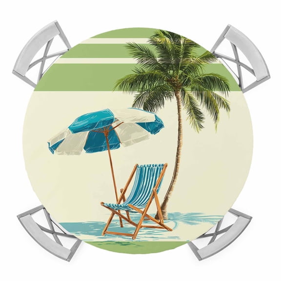 Summer Round Table Cover, Beach Scene Sun Umbrella Palm Trees Green Yellow Stripe Waterproof Fitted Tablecloths for 36"-44" Tables, Washable Picnic Table Cover for Camping Dining Indoor Outdoor