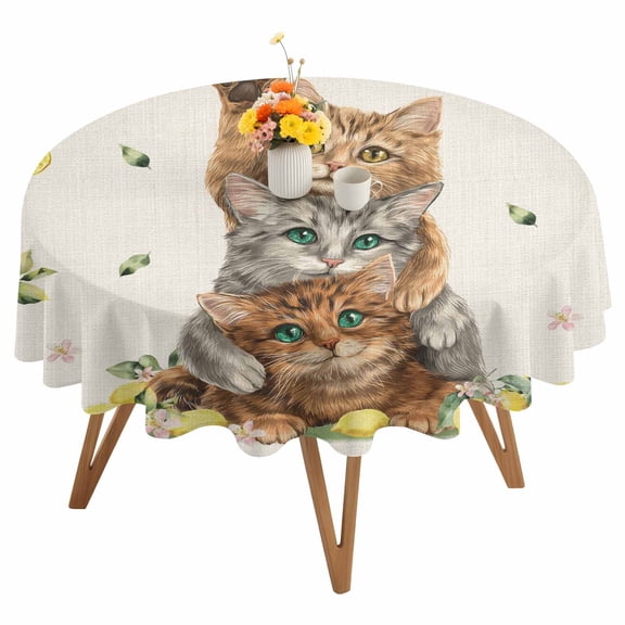 Summer Round Tablecloth 60 inches Three Cute Cats with Lemons Fruit Leaves Linen Texture Waterproof Oil-Proof Table Cloth Round Table Cover for Holiday Party Picnic Dinner Decor Indoor Outdoor Use