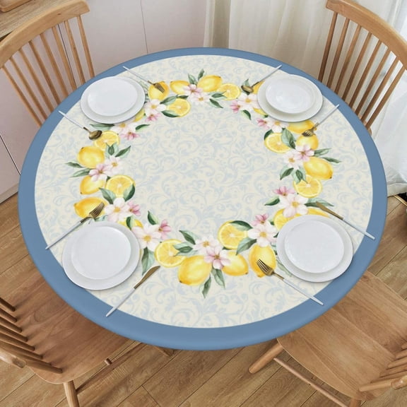 Summer Round Tablecloth Dusty Blue Yellow Lemon Pink Floral Table Cover with Elastic Edge Washable Fitted Table Cloth for Kitchen Patry Outdoor Decor Fits 45"-52", Medium