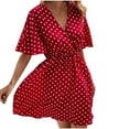 thumbnail image 1 of Summer Ruffle Dress Cottagecore Disty Floral Short Sleeve Wrap V Neck A Line Flare Mini Dresses Casual Flowy Dresses Red,S, 1 of 5