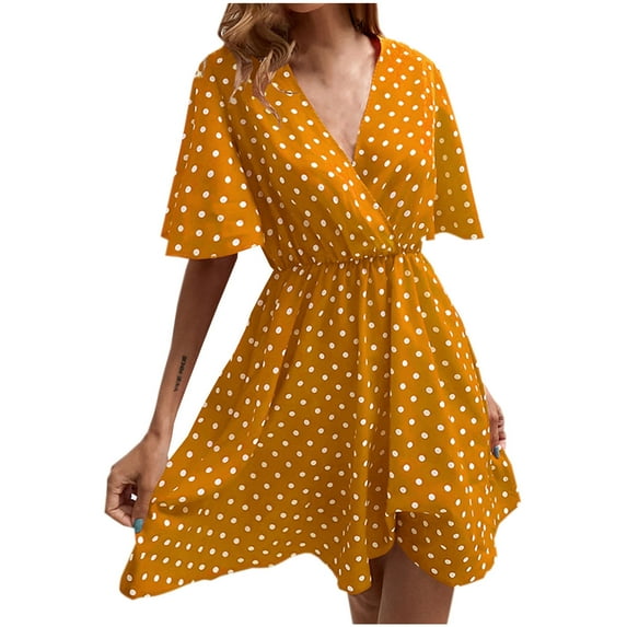 Summer Ruffle Dress Cottagecore Disty Floral Short Sleeve Wrap V Neck A Line Flare Mini Dresses Casual Flowy Dresses Yellow,S