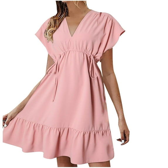 Summer Ruffle Mini Dresses for Women 2025, Trendy Pleated Drawstring Cape Sleeve V Neck Casual Short Dress (X-Large, Pink)