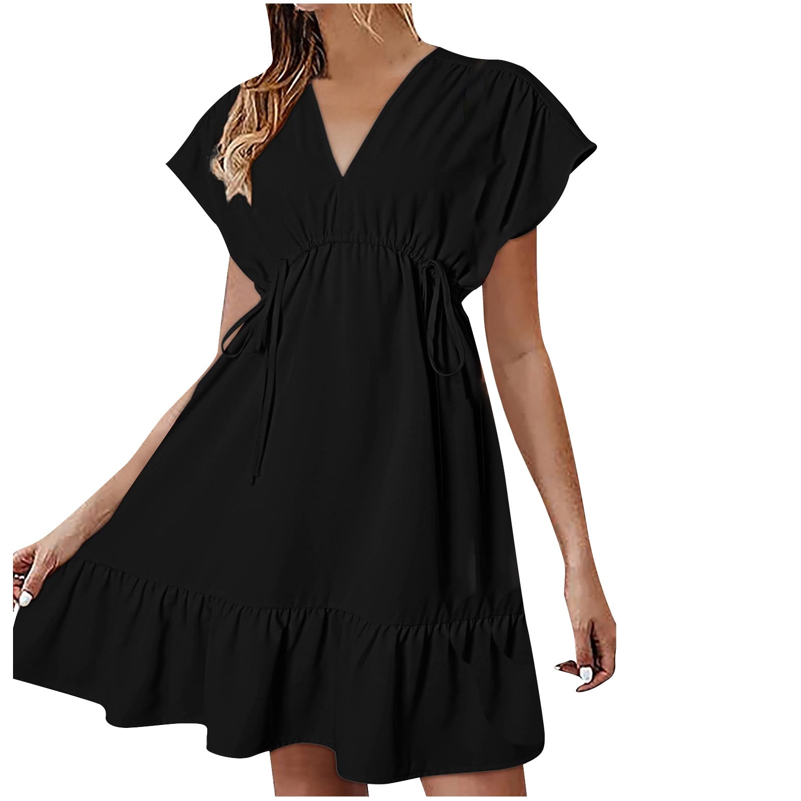 Summer Ruffle Mini Dresses for Women 2025, Trendy Pleated Drawstring Cape  Sleeve V Neck Casual Short Dress (XX-Large, Black) - Walmart.com