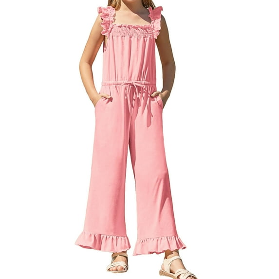 Summer Ruffle Sleeve Girls Plain Casual Jumpsuit Children Kids Elastic Waist Wide Leg Romper for 5-14 Years