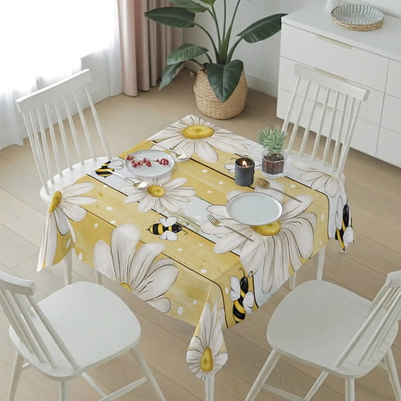 Summer Rustic Daisy Flower Bee Table Cloth 54x54in, Waterproof Square Tablecloth Wipeable Tablecloths Blossom Floral Yellow Wooden Table Covers for Dining Tables Party Indoor Outdoor