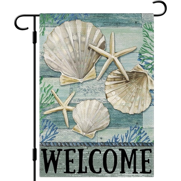 Summer Rustic Ocean Yard Garden Flag 12x18 Double Sided Burlap Starfish Shells Coastal Welcome Summer Decor