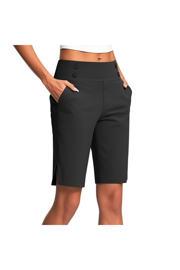 Summer Saivngs! cocolona Womens Bermuda Shorts Summer Casual Tight Elastic Button Side Slit Work Shorts Yoga Workout Shorts with Pockets Black L