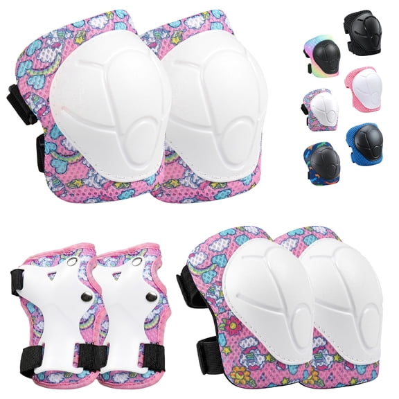 6 Pack Kids Protective Gear Set,Unicorn Printed Knee Elbow Wrist Pads, Adjustable PP Shell Safety Pads for Skateboard Scooter Roller Skating Cycling