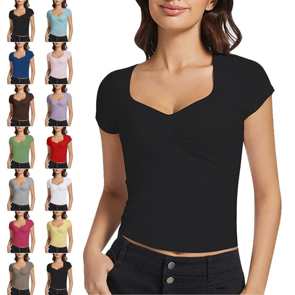 Summer Sale Under 10! Womens Tops Solid Color Summer Large V neck Casual Short Sleeve Blouse T Shirt for Beach Party