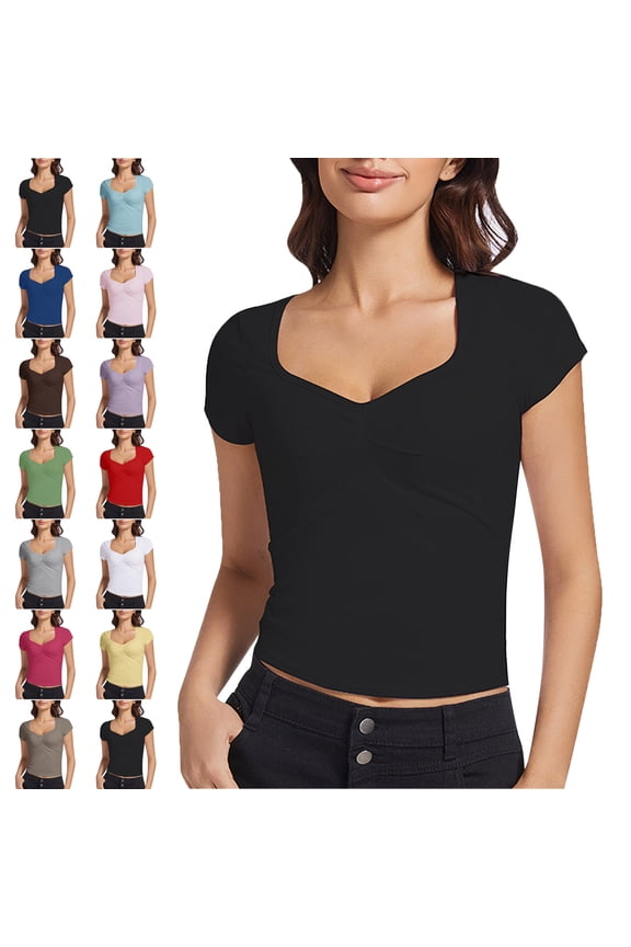 Summer Sale Under 10! Womens Tops Solid Color Summer Large V neck Casual Short Sleeve Blouse T Shirt for Beach Party