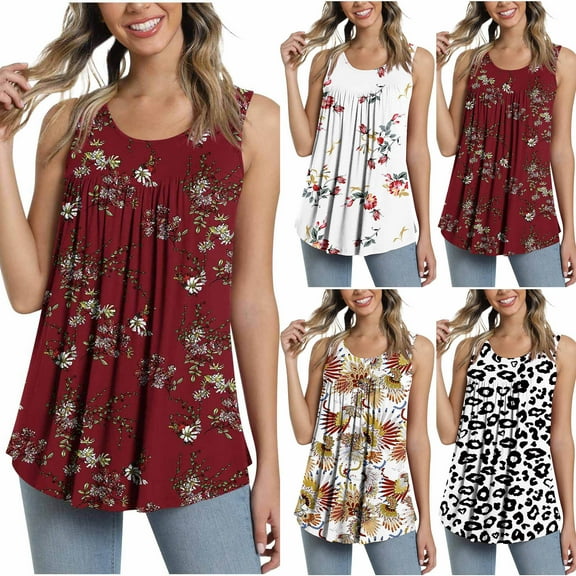 Summer Sale sovlvnd Womens Over Size Loose Comfy Tee Blouse Women's Summer Casual Sleeveless Blouse Crewneck Tops Floral Printed T-Shirt Vest For Women Leggings Pleated Blouse