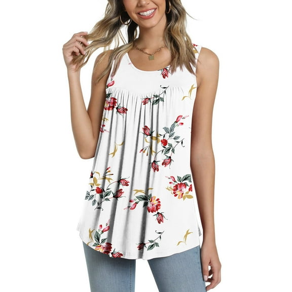 Summer Sale sovlvnd Womens Over Size Loose Comfy Tee Blouse Women's Summer Casual Sleeveless Blouse Crewneck Tops Floral Printed T-Shirt Vest For Women Leggings Pleated Blouse