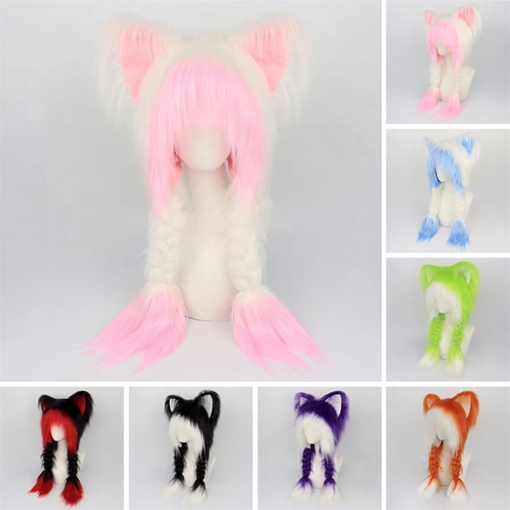 Summer Sales under $10 Green Knit Short Watch Cap GIJNRIUIUA Soft Furry Animal Ear Hat with Braids Cute Plush Hat Winter Warm Earmuffs Head Accessory Hijab Turban