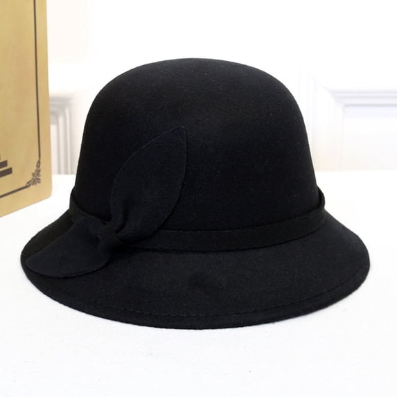 Summer Sales Under $5 Black Church Hats for Women GIJNRIUIUA Women Vintage Cloche Hat Solid Side Bow Decor Short Curved Brim Felt Bucket Cap Elegant Fall Winter Warm Dress Hat Cowboy Hat